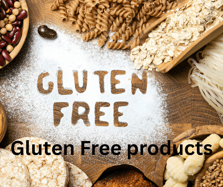 Assorted gluten-free products including flour, bread, and snacks on a kitchen counte